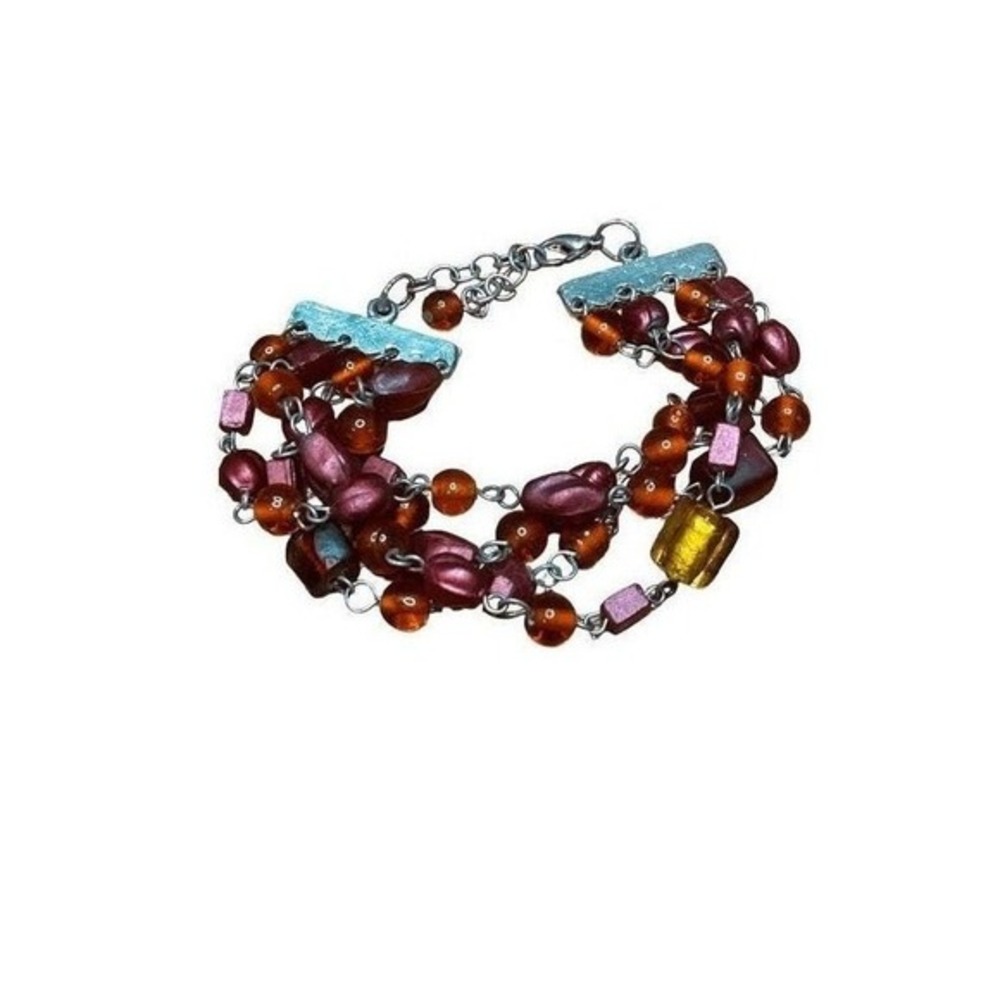 Vintage 80s Beaded Bracelet Red Silver Tone‎ Metal Chain Link Glass